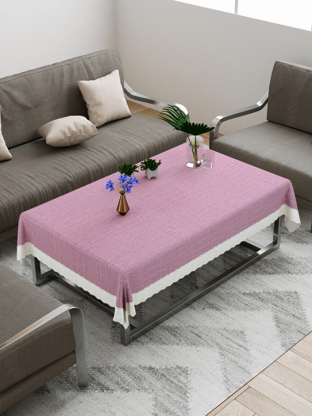 

DREAM WEAVERZ Pink & White Solid 4-Seater Rectangle Table Cover