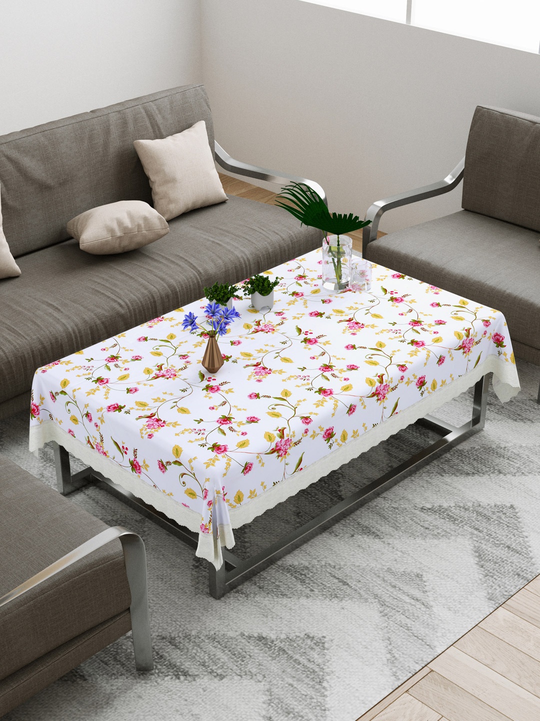 

DREAM WEAVERZ White Floral Printed Center Table Cover