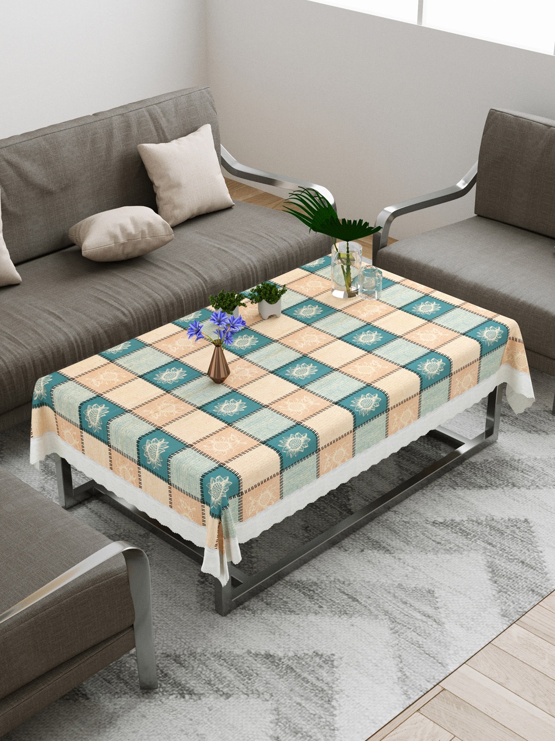 

DREAM WEAVERZ Green & Beige Checked Centre Table Cover