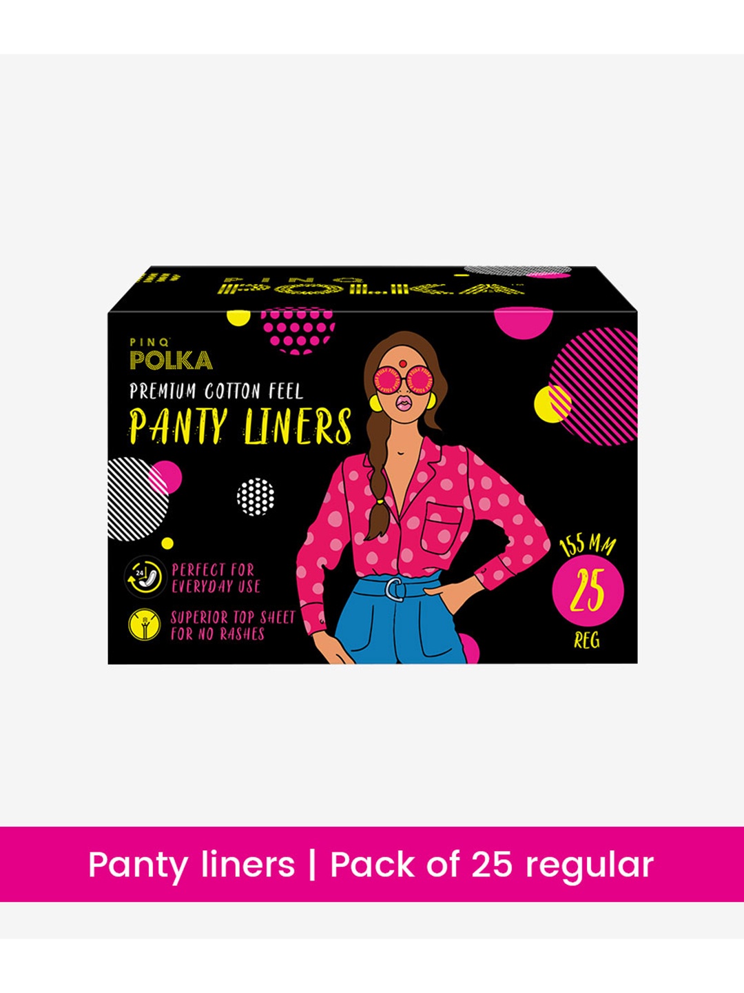 

PINQ Polka Premium Regular Pantyliners -Rash Free Discharge Ultra Thin, Cottony Soft-25pcs, Black