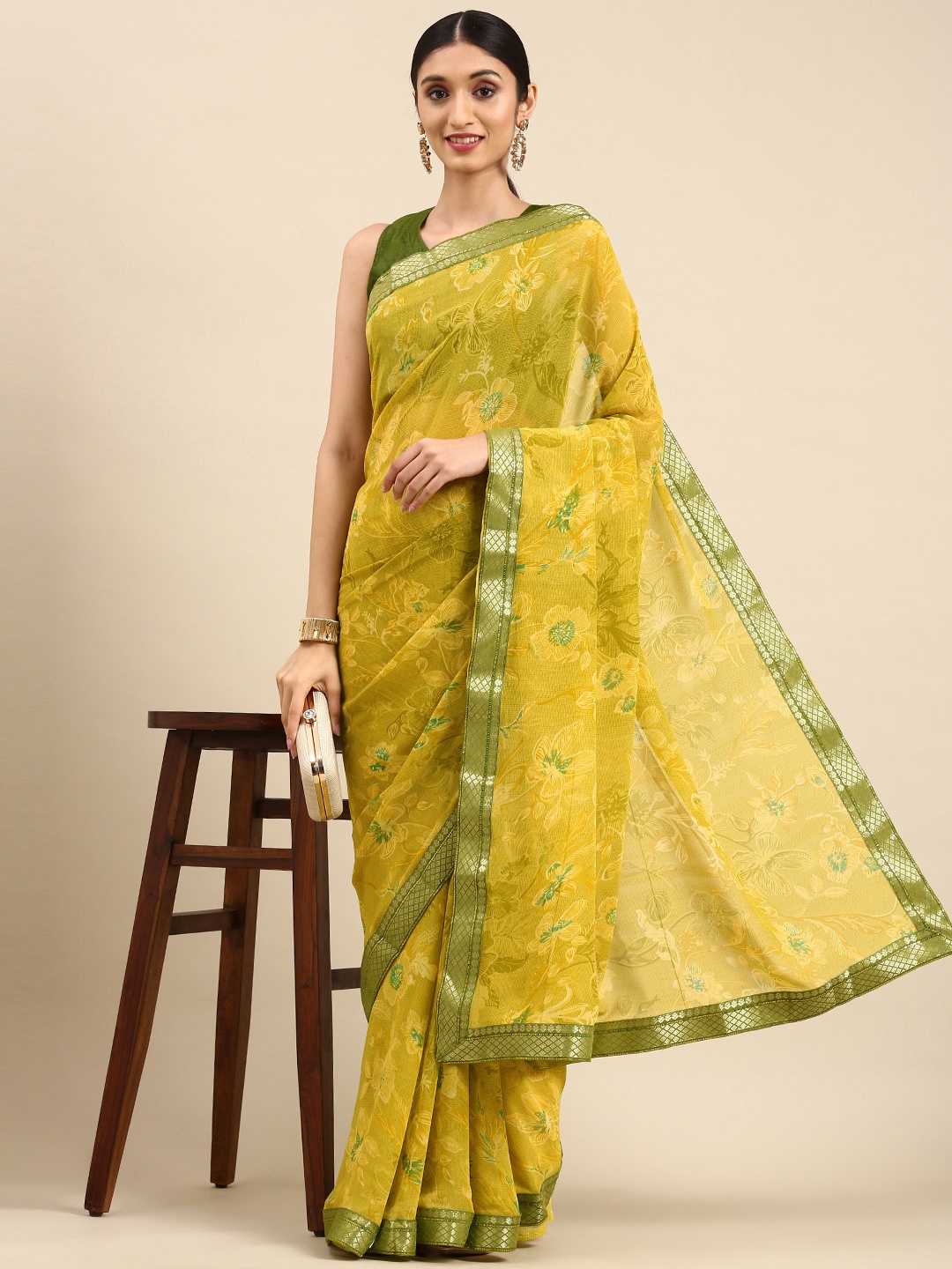 

all about you Yellow & Green Floral Zari Saree