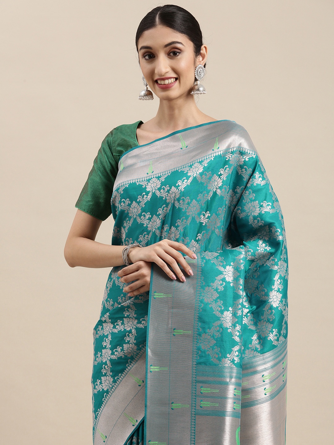 

Mitera Blue & Silver Zari Woven Design Paithani Saree