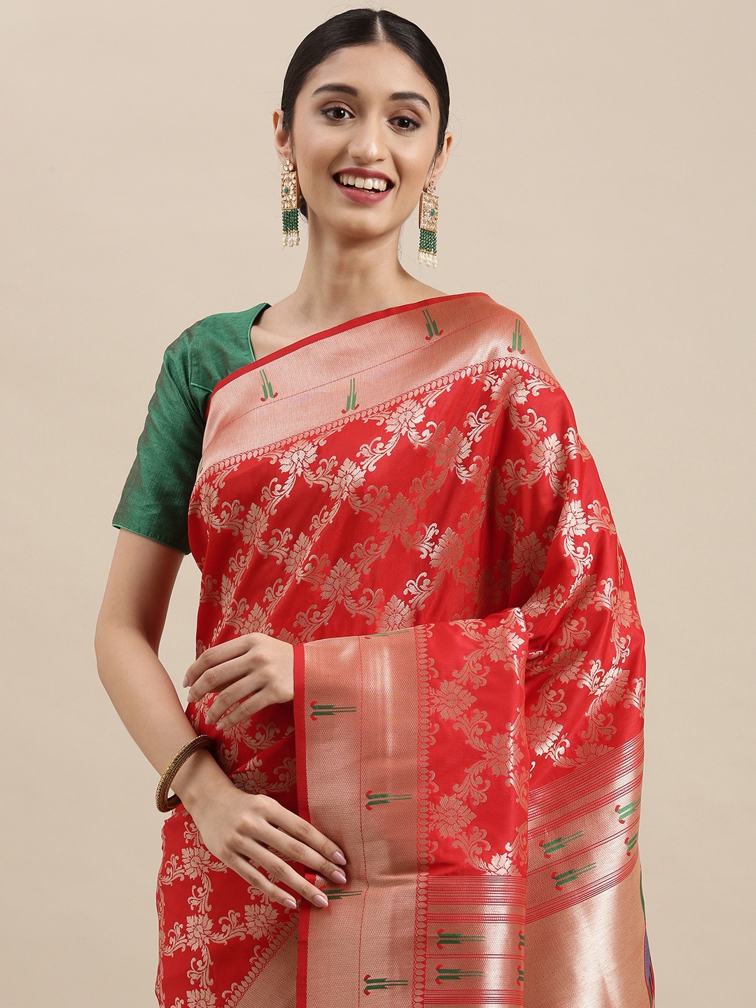 

Mitera Red & Golden Zari Woven Design Paithani Saree