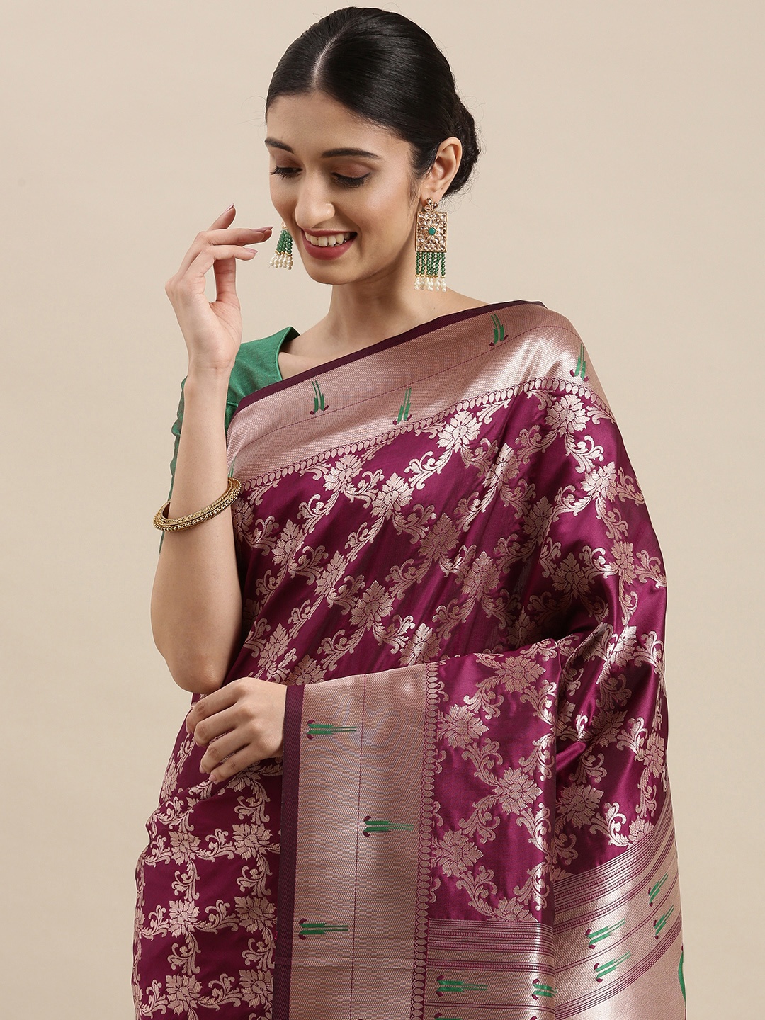 

Mitera Purple & Golden Ethnic Motifs Zari Woven Design Paithani Saree