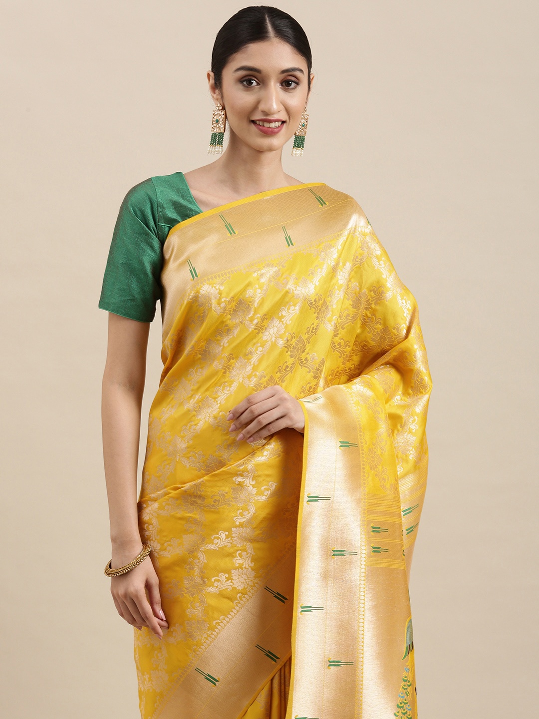 

Mitera Yellow & Golden Zari Woven Design Paithani Saree