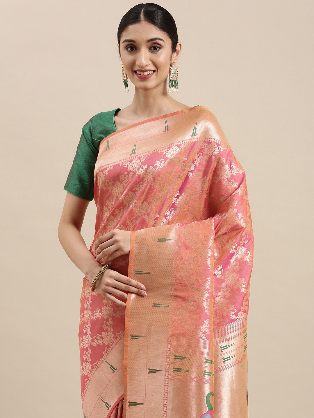 

Mitera Peach-Coloured & Golden Ethnic Motifs Woven Design Paithani Saree