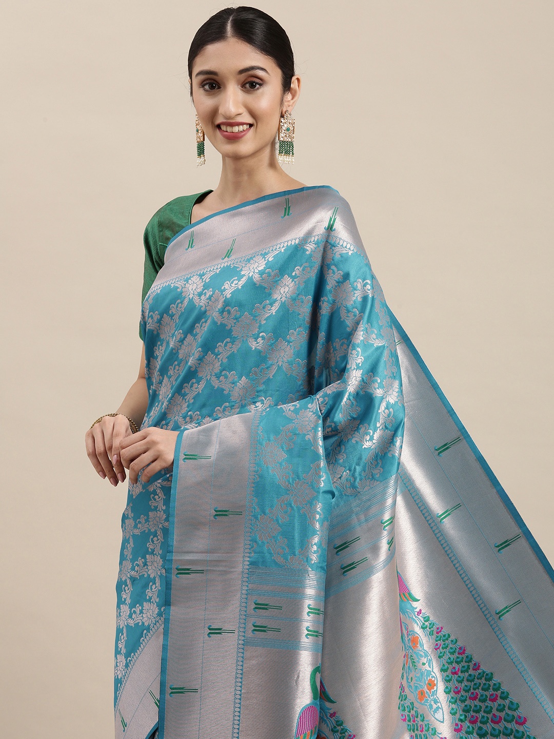 

Mitera Blue & Silver Zari Woven Design Paithani Saree