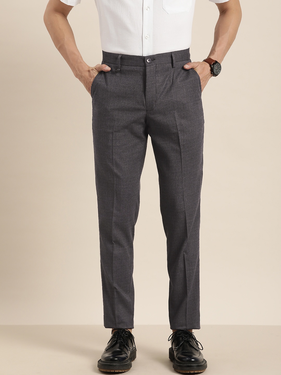

INVICTUS Men Navy Blue Textured Slim Fit Trousers