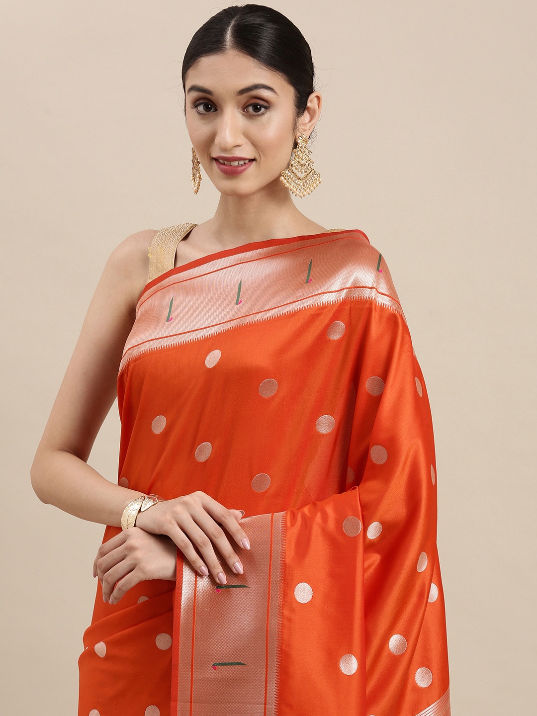 

Mitera Orange & Golden Zari Woven Design Paithani Saree