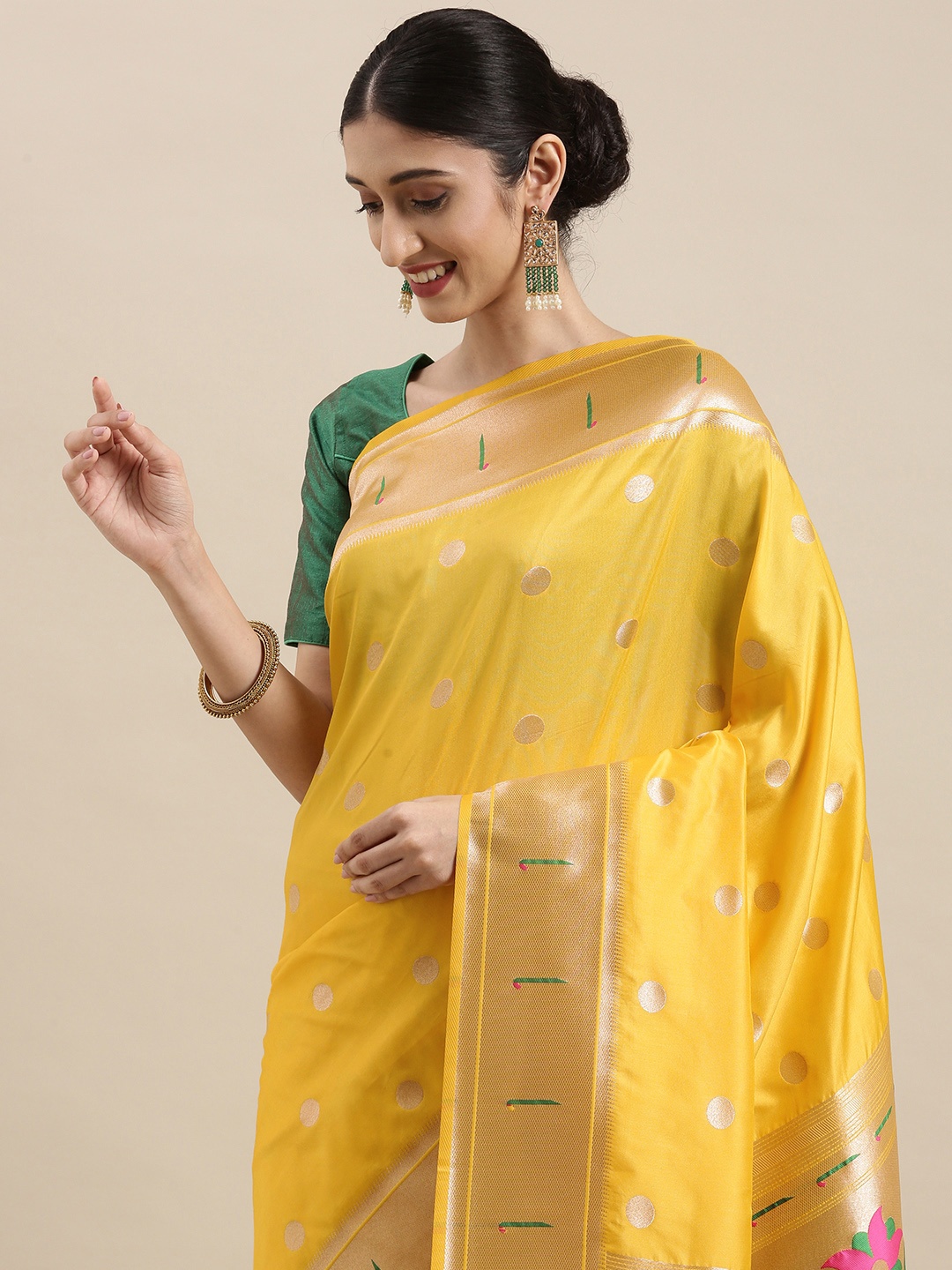 

Mitera Yellow & Golden Zari Woven Design Paithani Saree