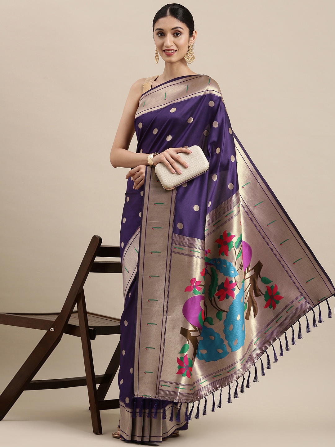 

Mitera Purple & Golden Zari Woven Design Paithani Saree
