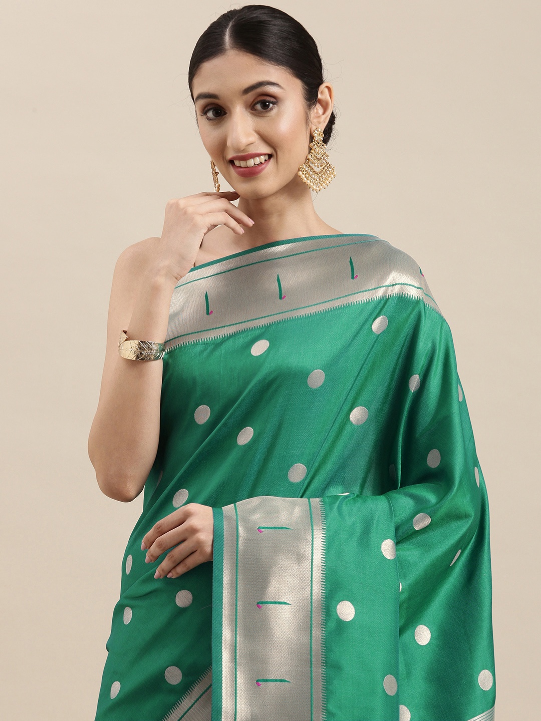 

Mitera Green & Silver Zari Woven Design Paithani Saree