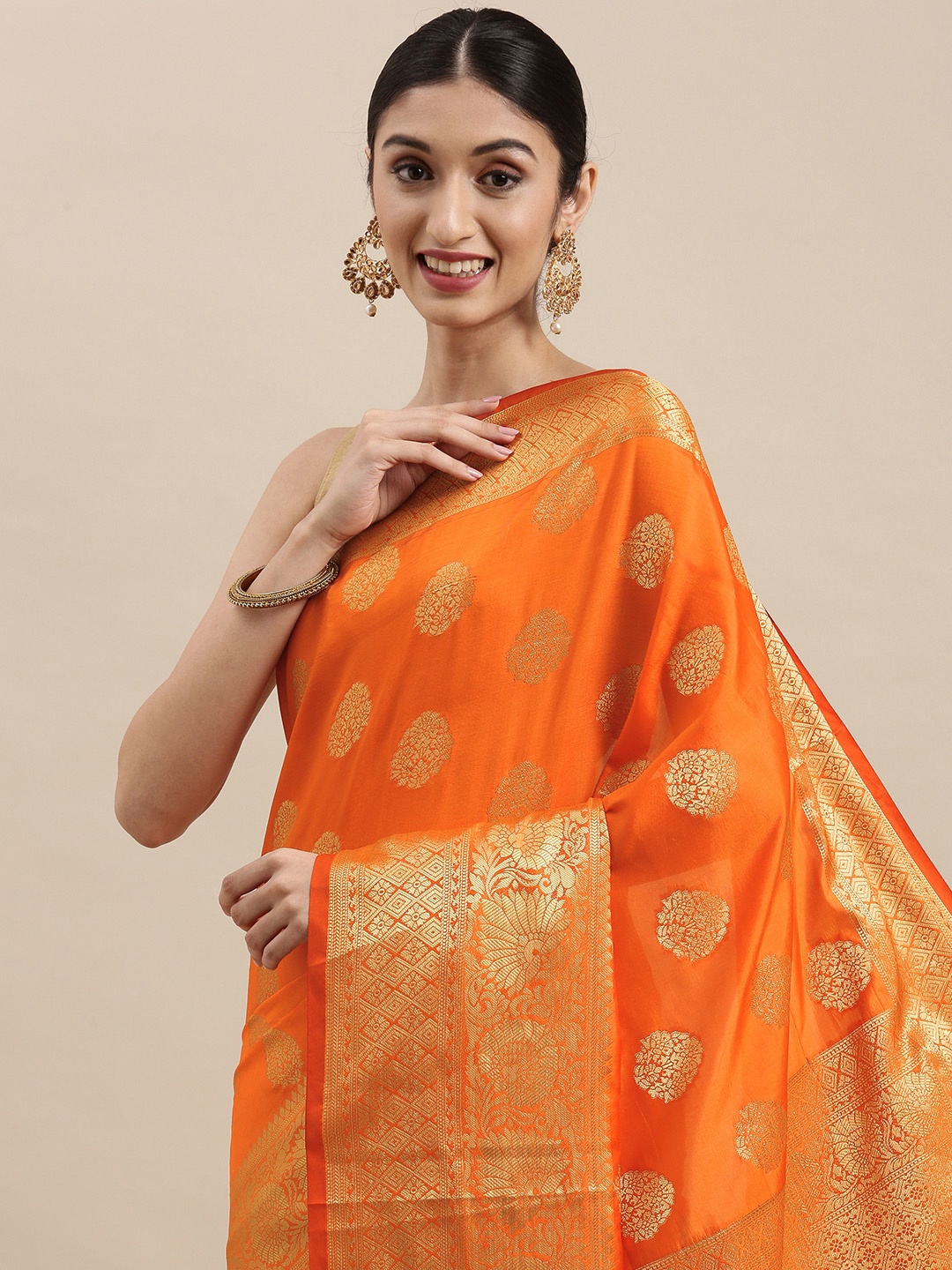 

Mitera Orange & Golden Ethnic Motifs Woven Design Zari Banarasi Saree