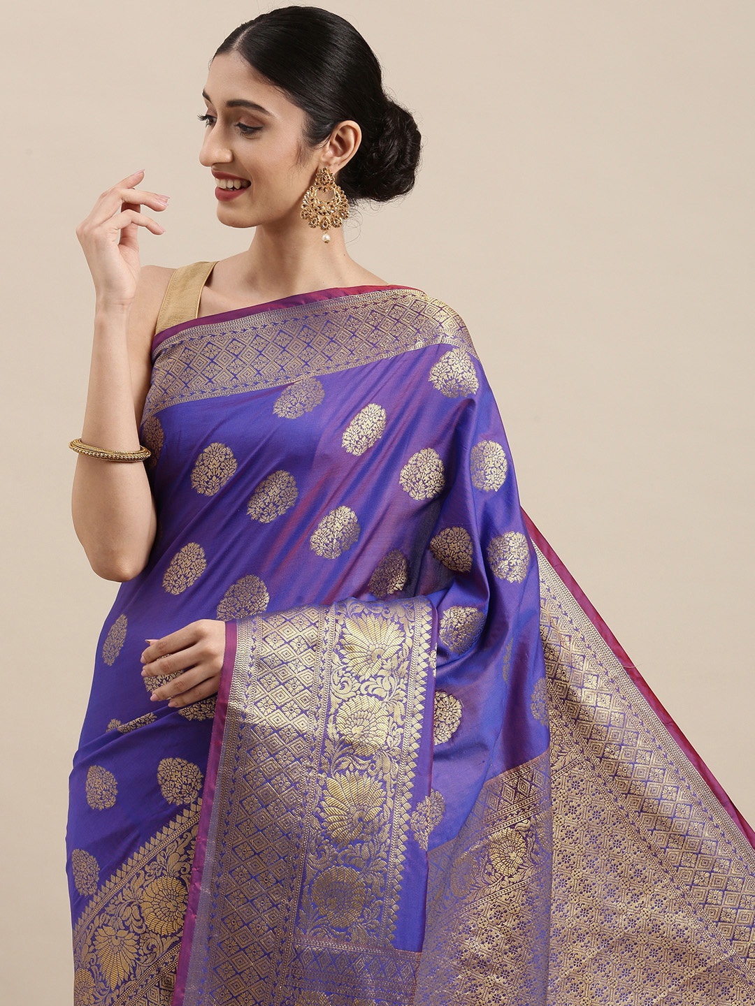 

Mitera Blue & Golden Ethnic Motifs Woven Design Zari Banarasi Saree