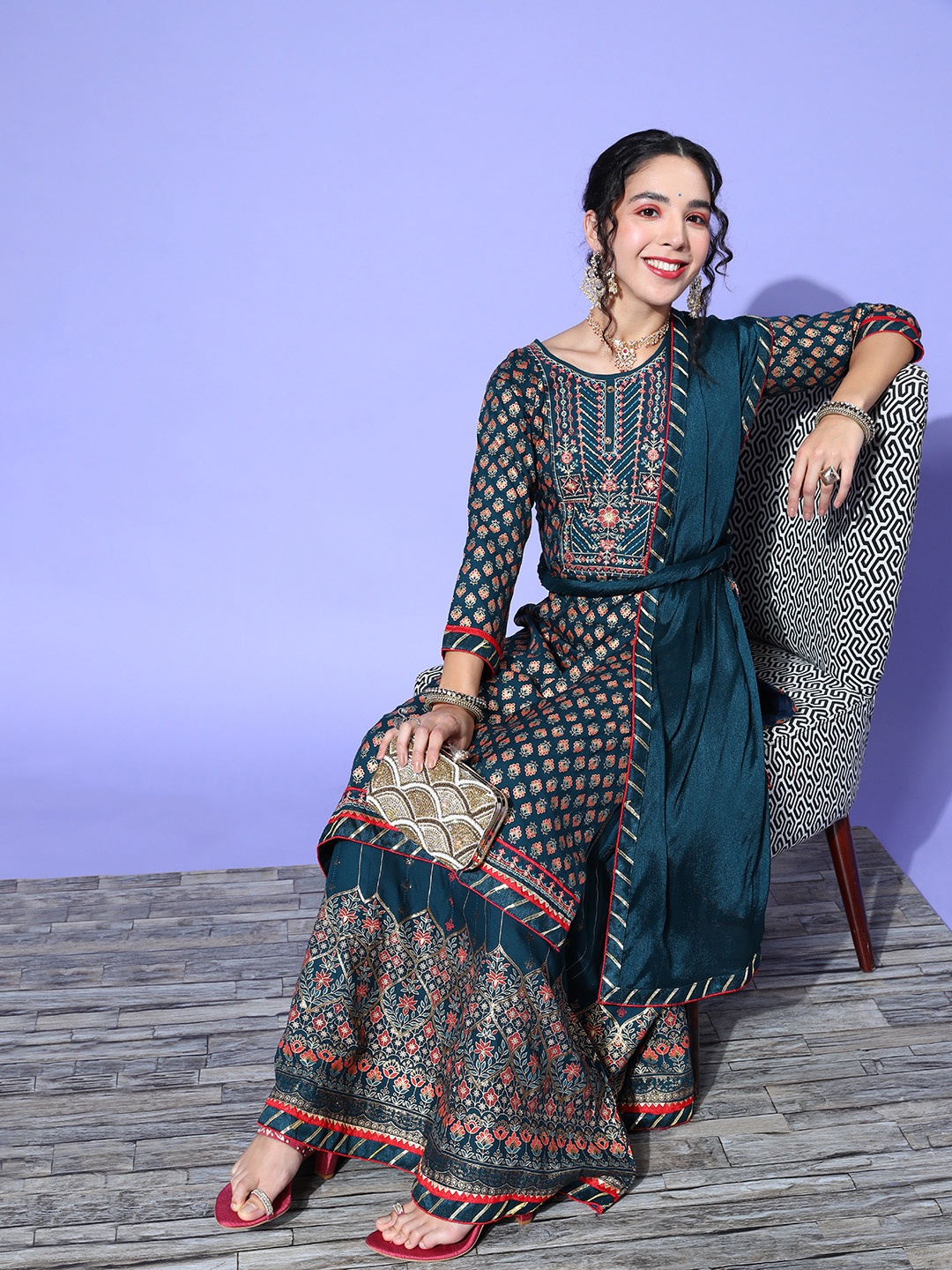 

Kvsfab Women Ethnic Motifs Viscose Rayon Print Parade Kurta Set, Teal
