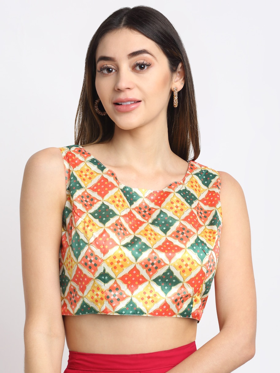 

Grancy Green & Orange Printed Brocade Readymade Saree Blouse