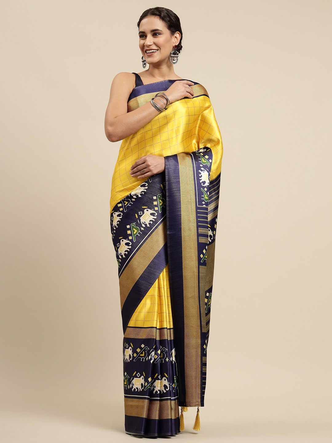 

CliqSilk Yellow Checked Patola Saree