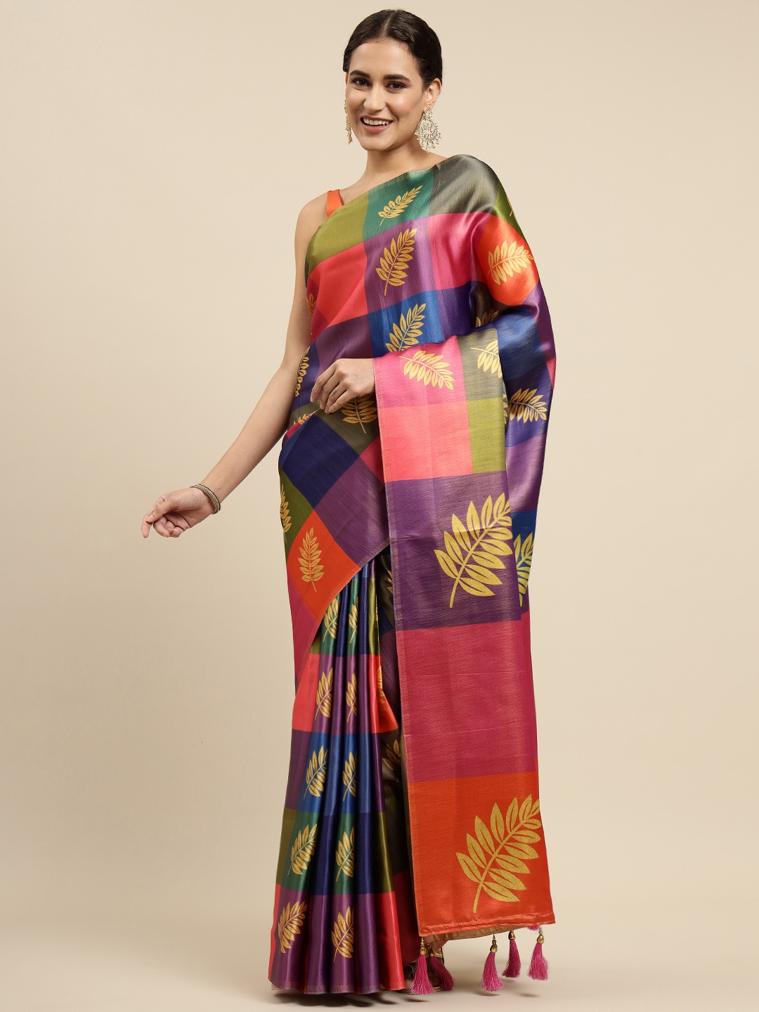 

CliqSilk Multicoloured Checked & Printed Saree, Multi