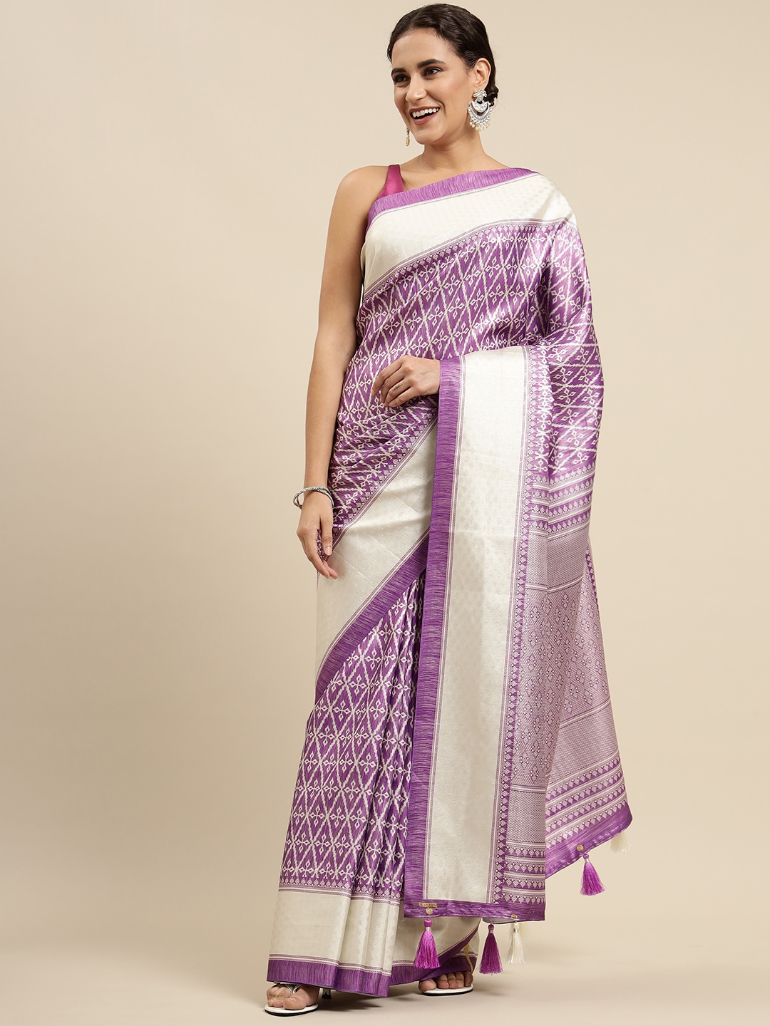 

CliqSilk Purple & White Printed Kanjeevaram Saree