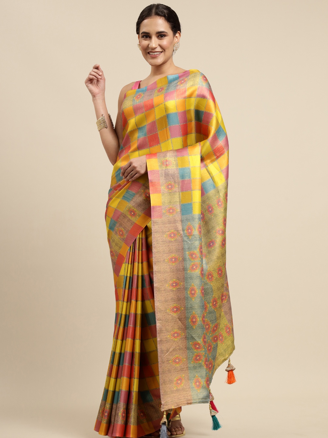 

CliqSilk Multicoloured Checked Kanjeevaram Saree, Multi