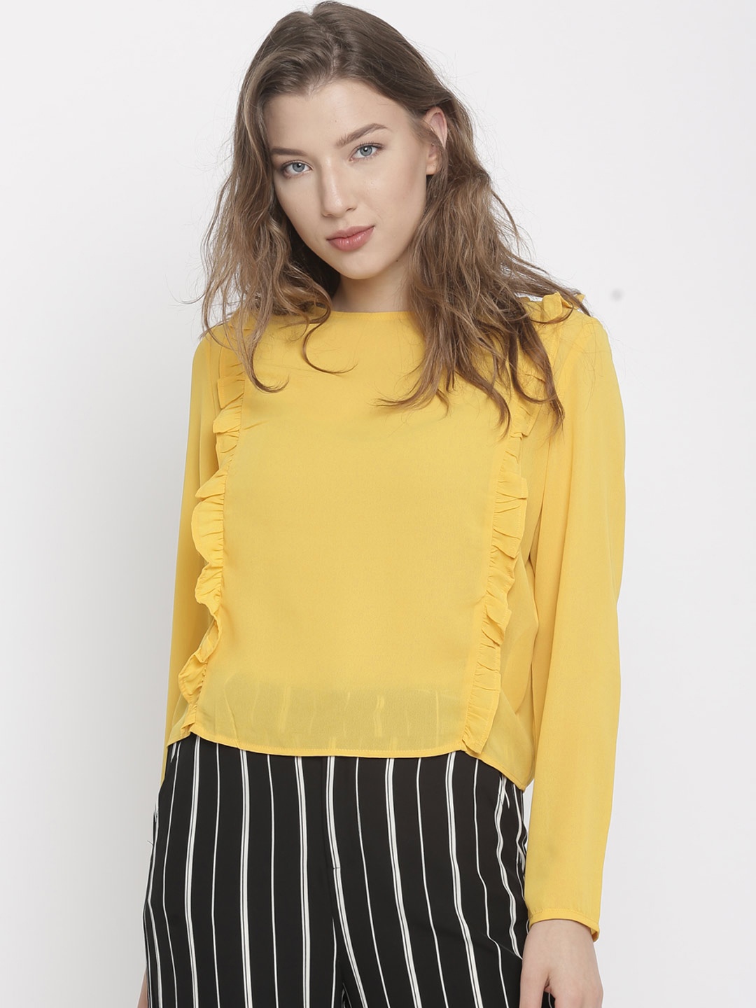 

ONLY Women Yellow Semi-Sheer Ruffled Top