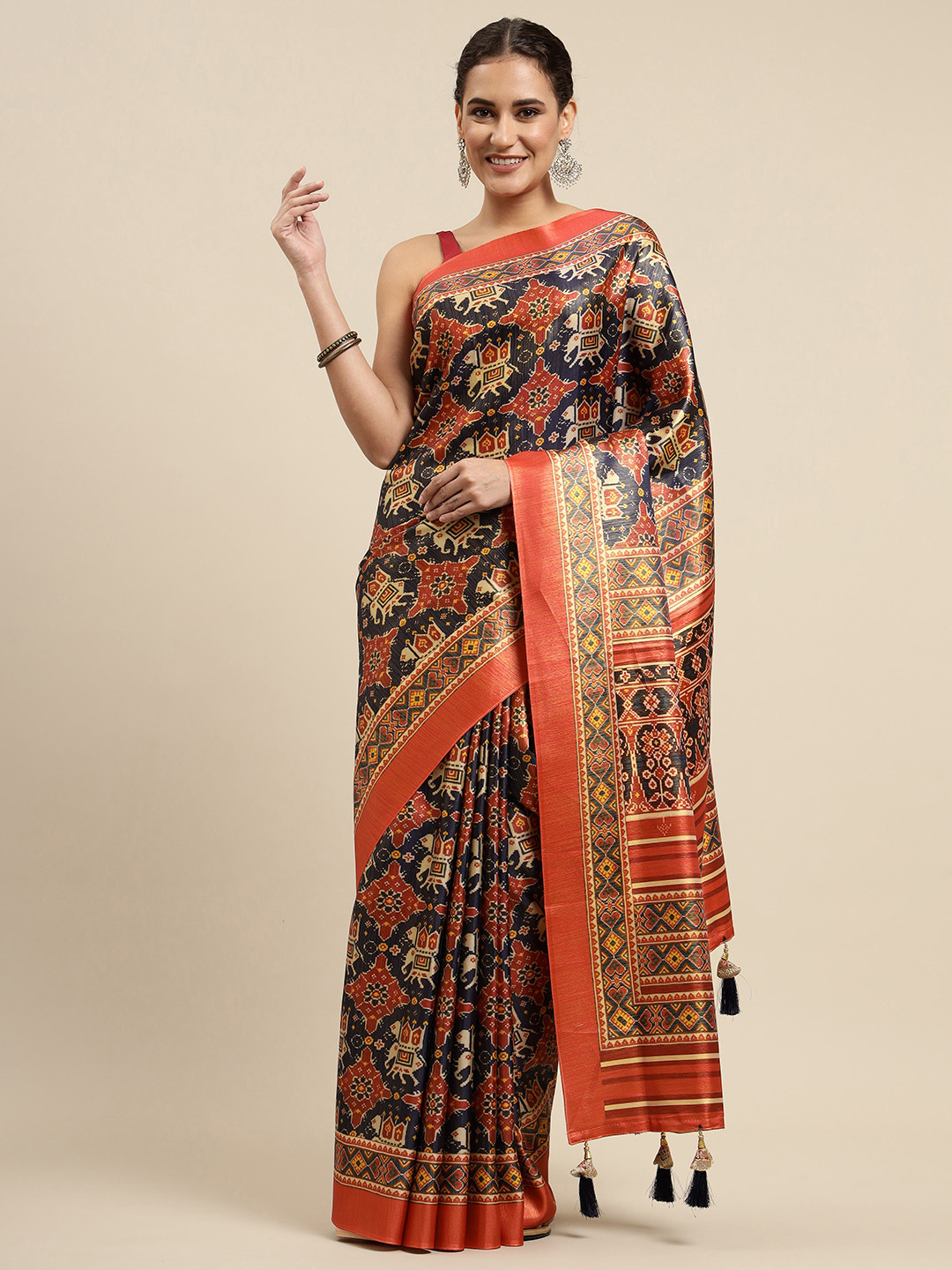 

CliqSilk Navy Blue & Red Printed Patola Saree