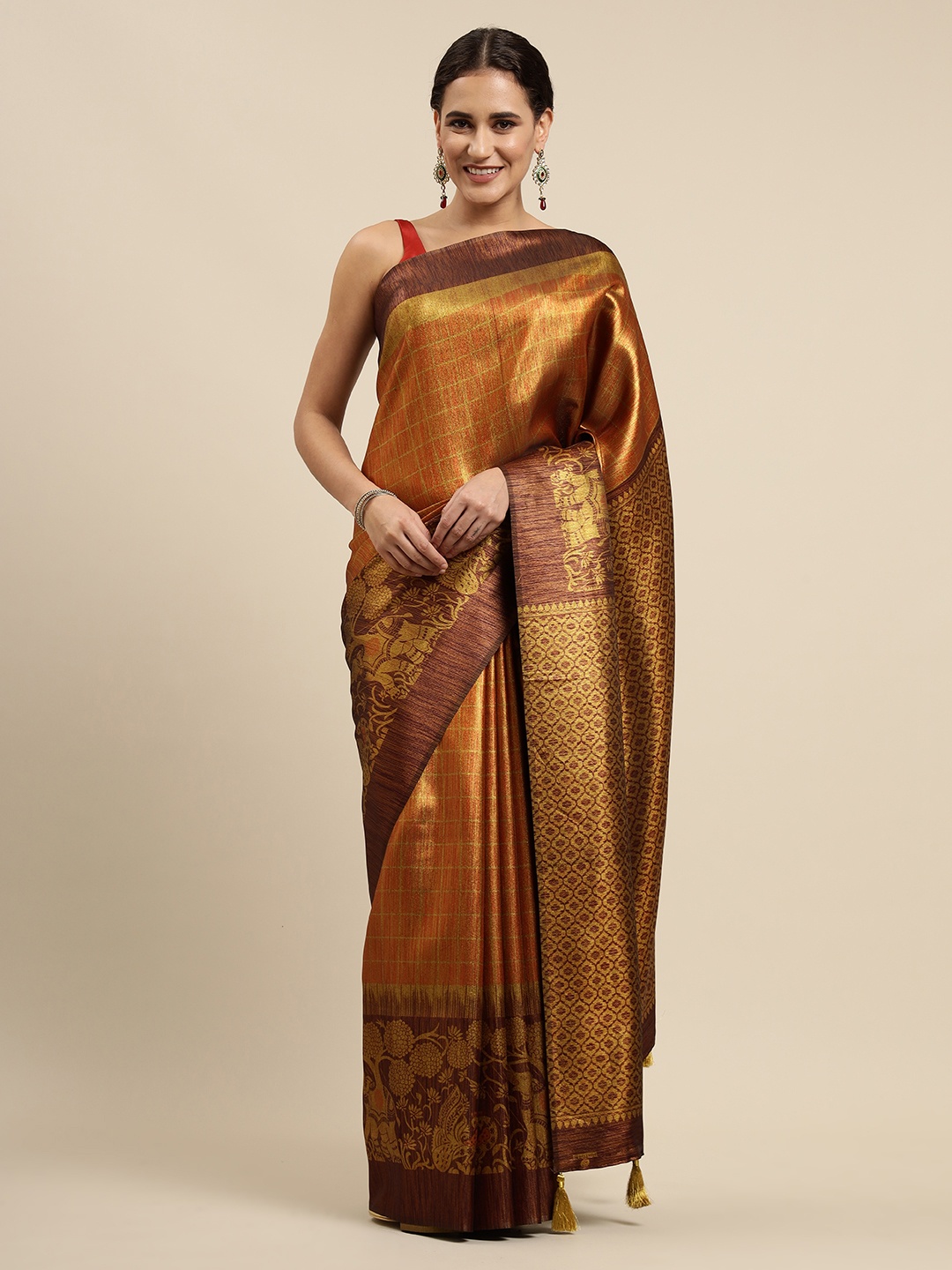 

CliqSilk Maroon & Golden Checked Kanjeevaram Saree