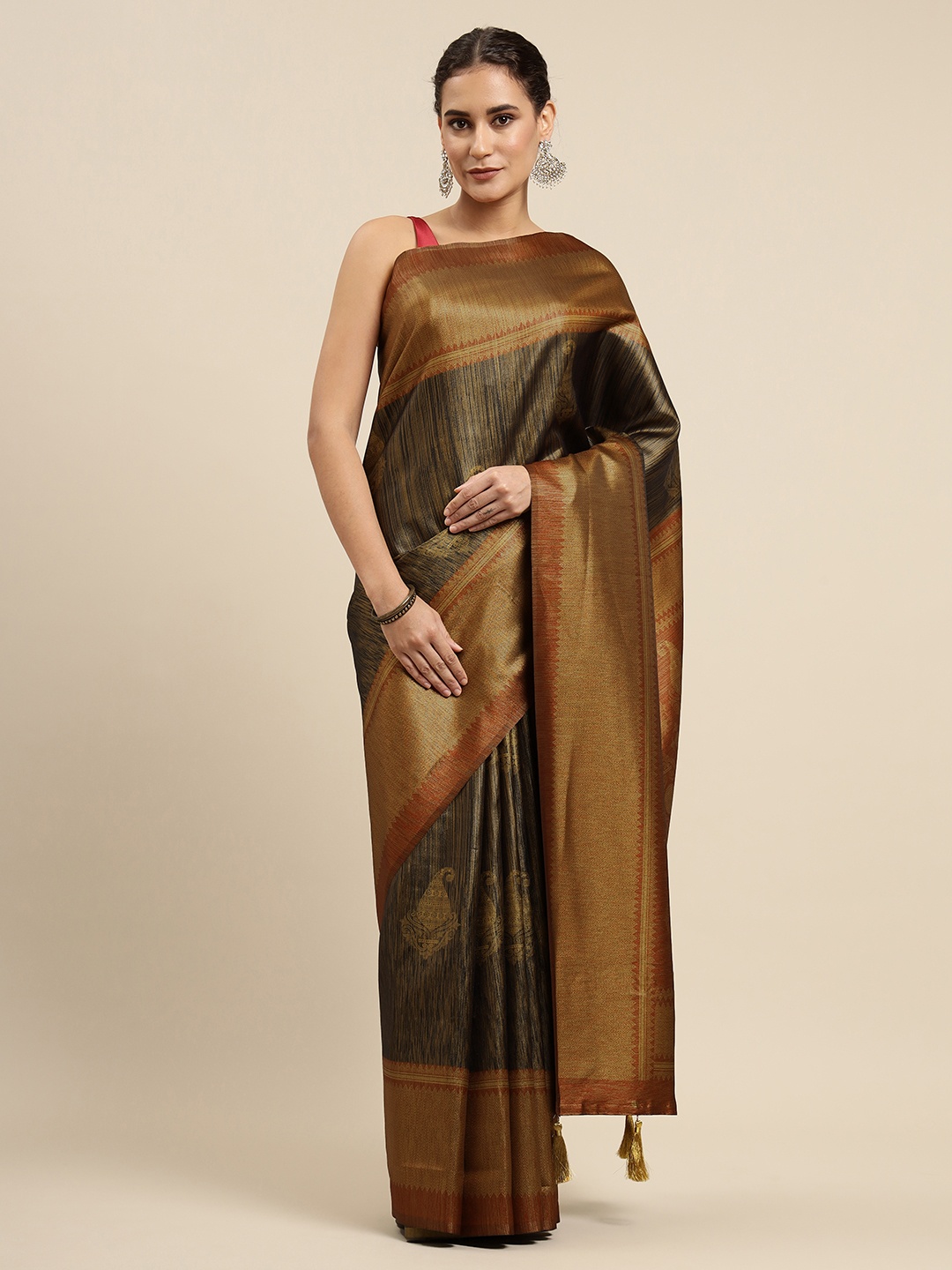 

CliqSilk Navy Blue & Golden Printed Kanjeevaram Saree