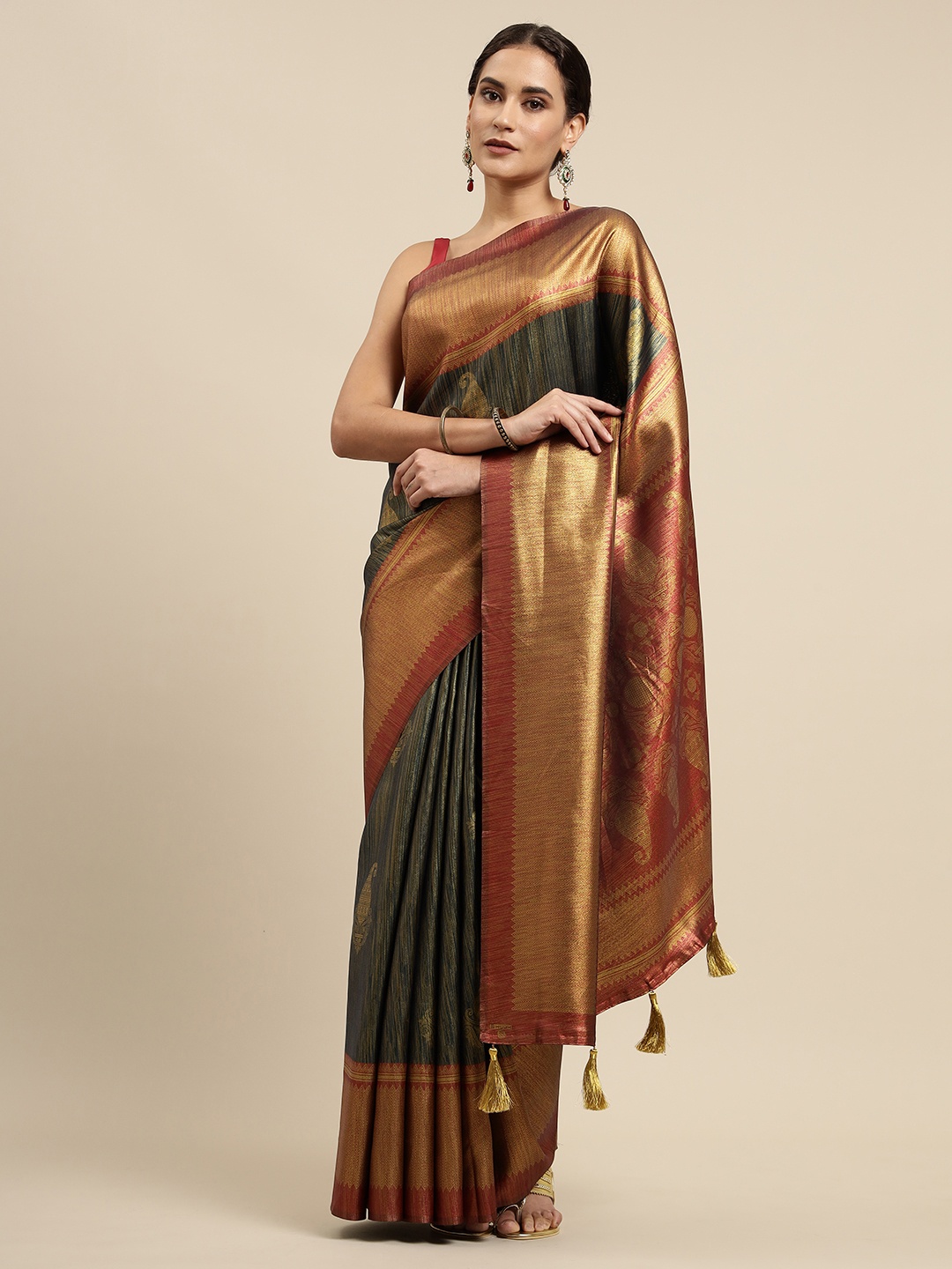 

CliqSilk Green & Red Printed Kanjeevaram Saree