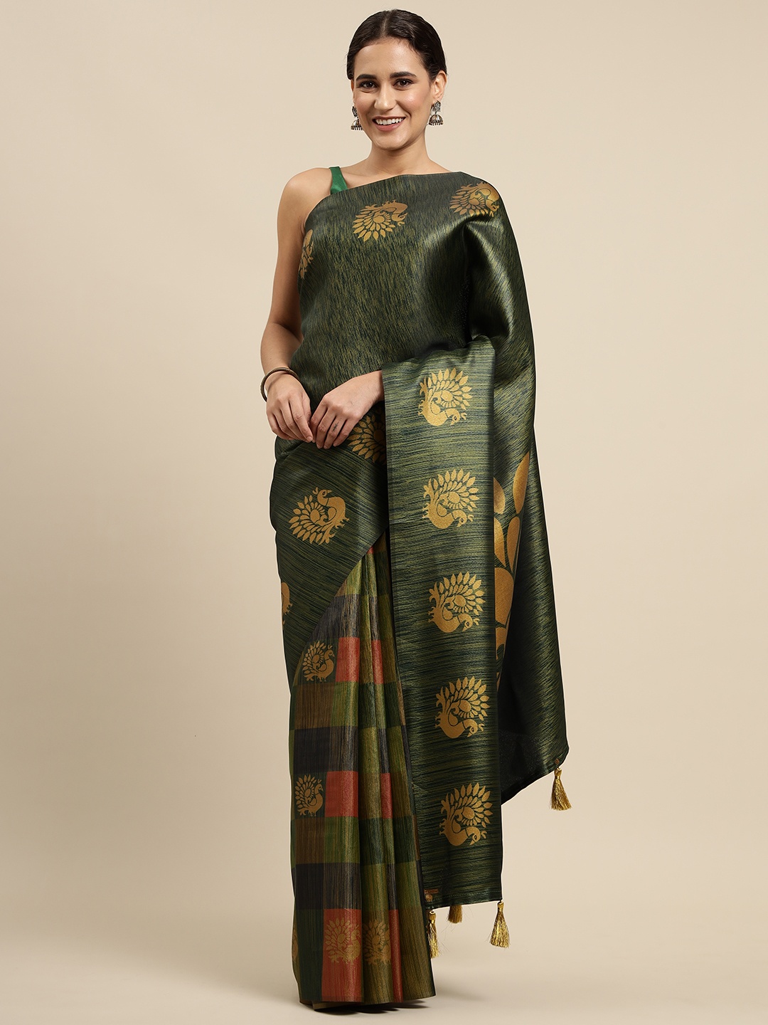 

CliqSilk Green Printed Kanjeevaram Saree