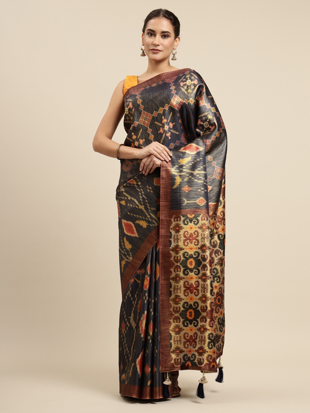 

CliqSilk Navy Blue Printed Ikat Saree