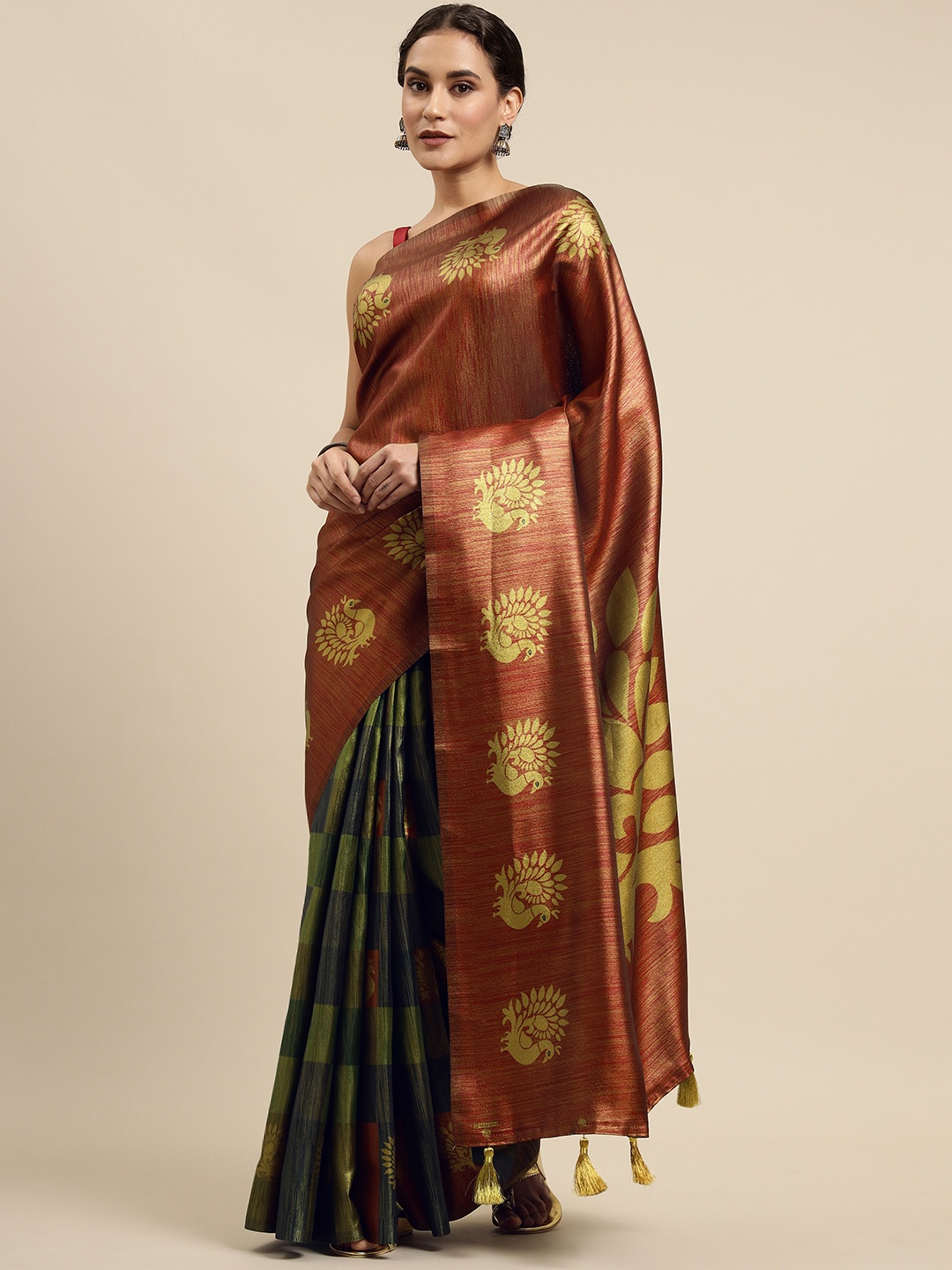 

CliqSilk Maroon Printed Half & Half Kanjeevaram Saree