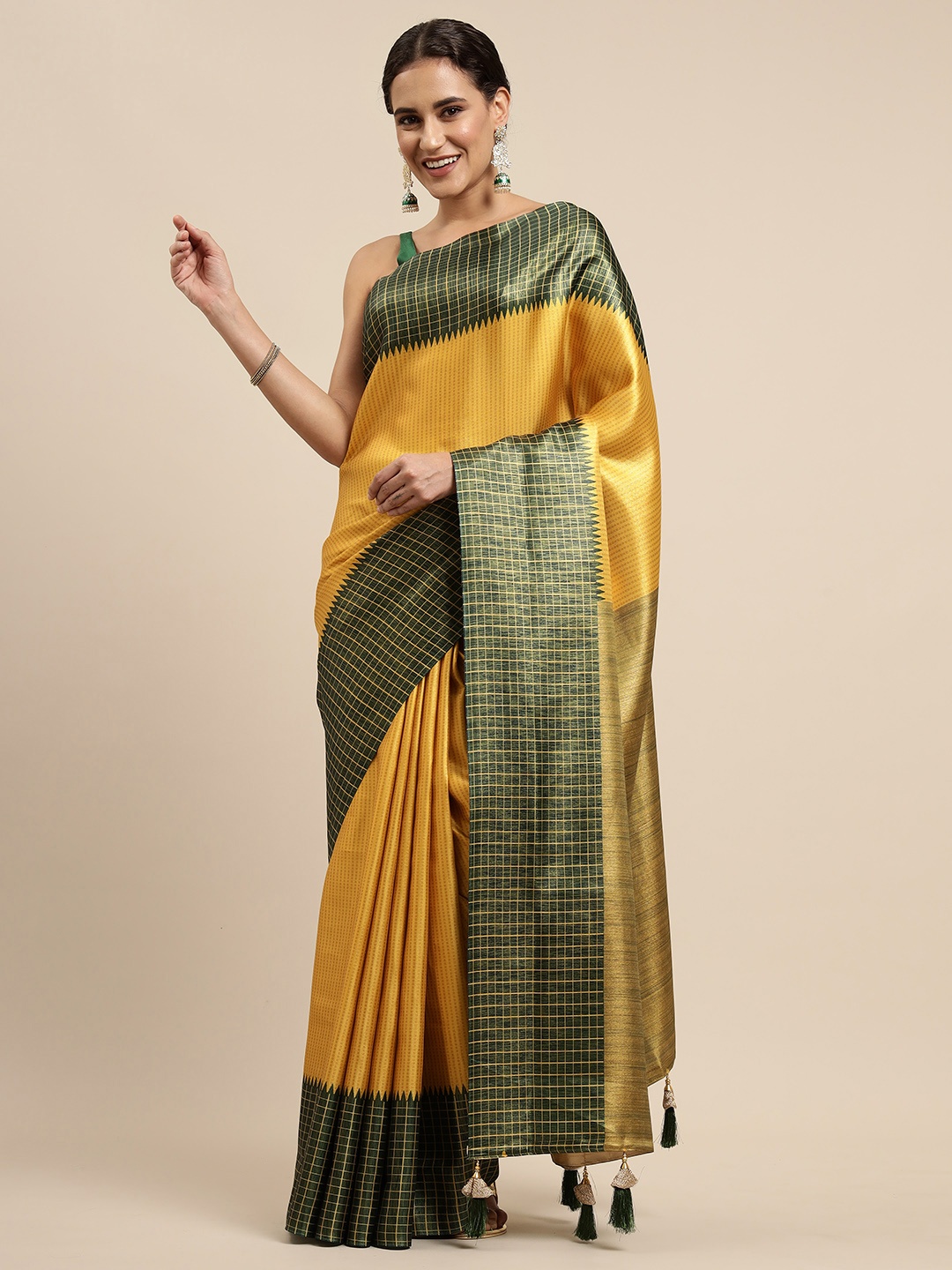 

CliqSilk Mustard Yellow & Green Printed Kanjeevaram Saree