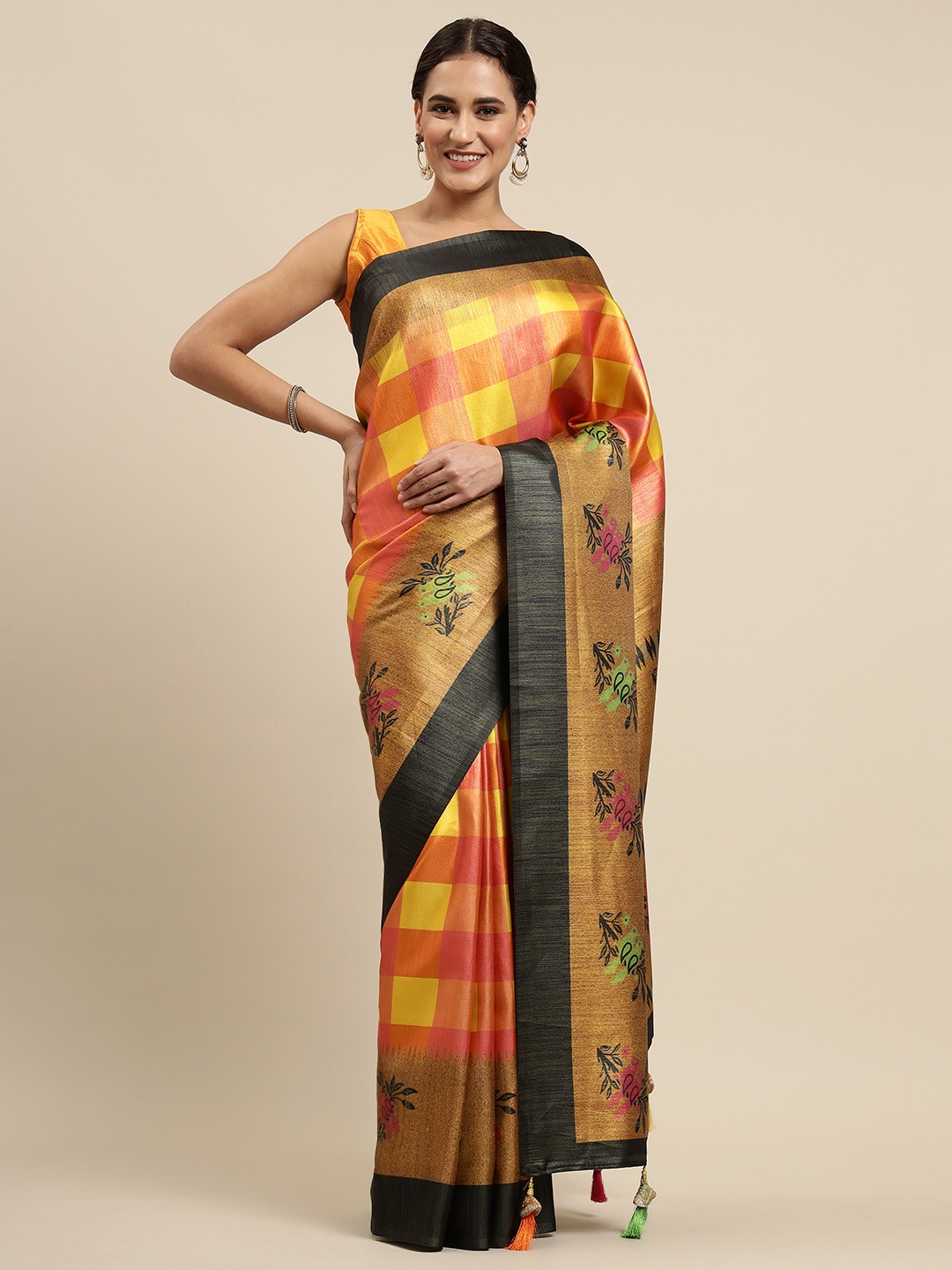 

CliqSilk Red & Yellow Checked Kanjeevaram Saree