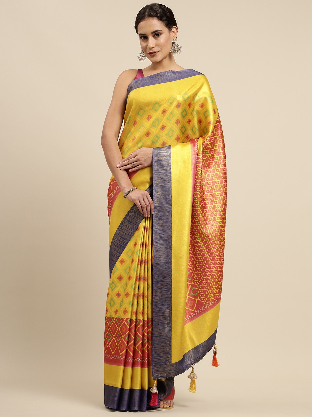 

CliqSilk Yellow & Red Printed Ikat Saree