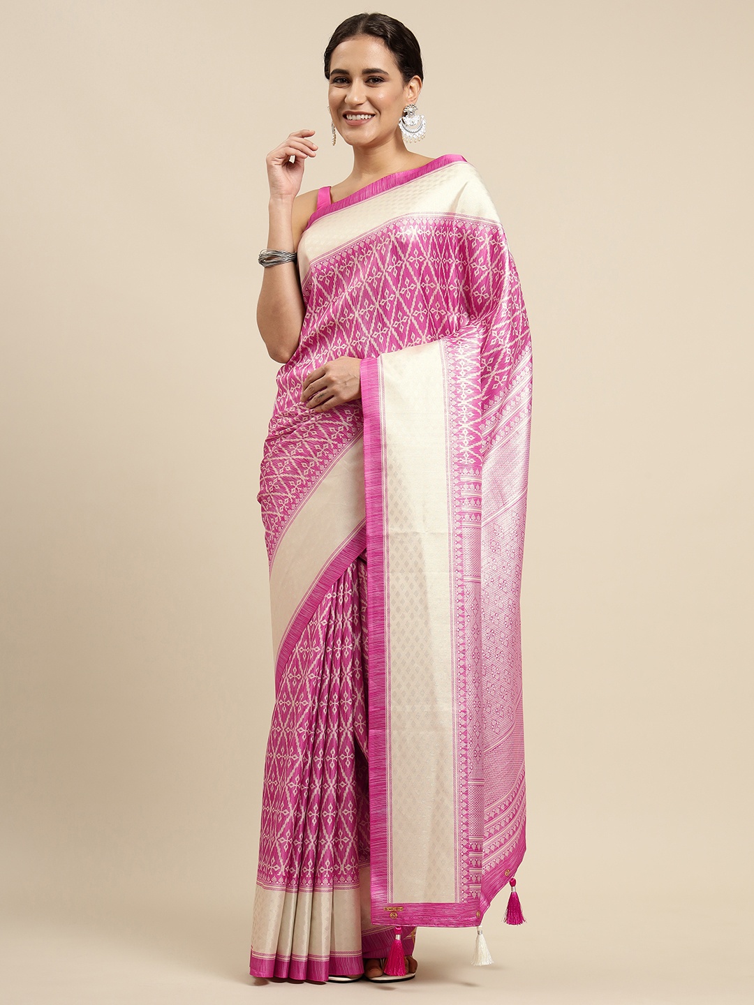 

CliqSilk Pink & White Printed Ikat Saree