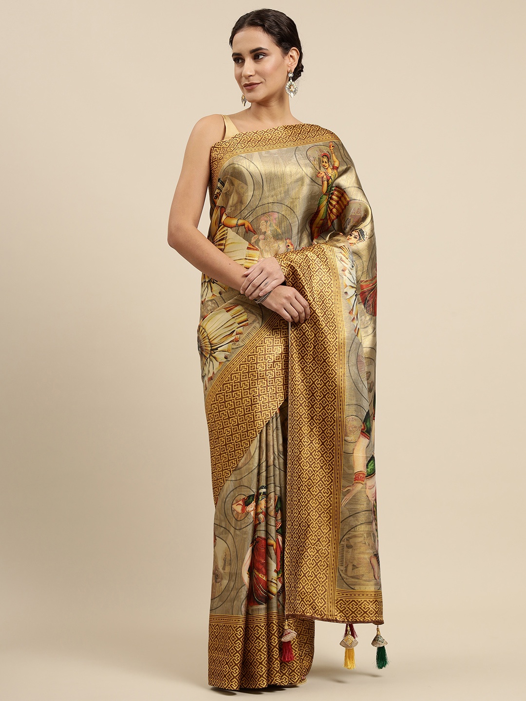 

CliqSilk Beige & Brown Printed Kanjeevaram Saree