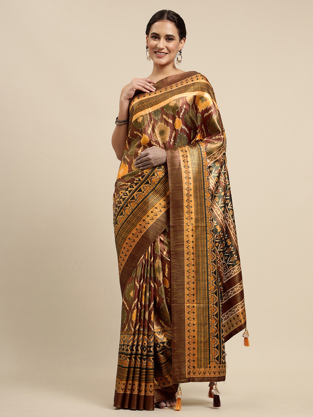 

CliqSilk Brown & Yellow Printed Ikat Saree