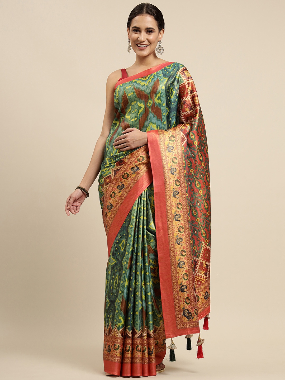 

CliqSilk Green & Blue Printed Ikat Saree