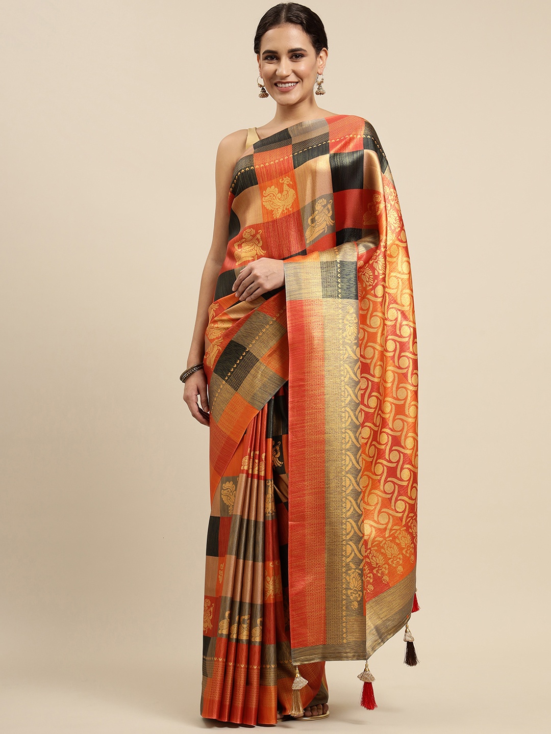 

CliqSilk Multicoloured Checked Kanjeevaram Saree, Multi