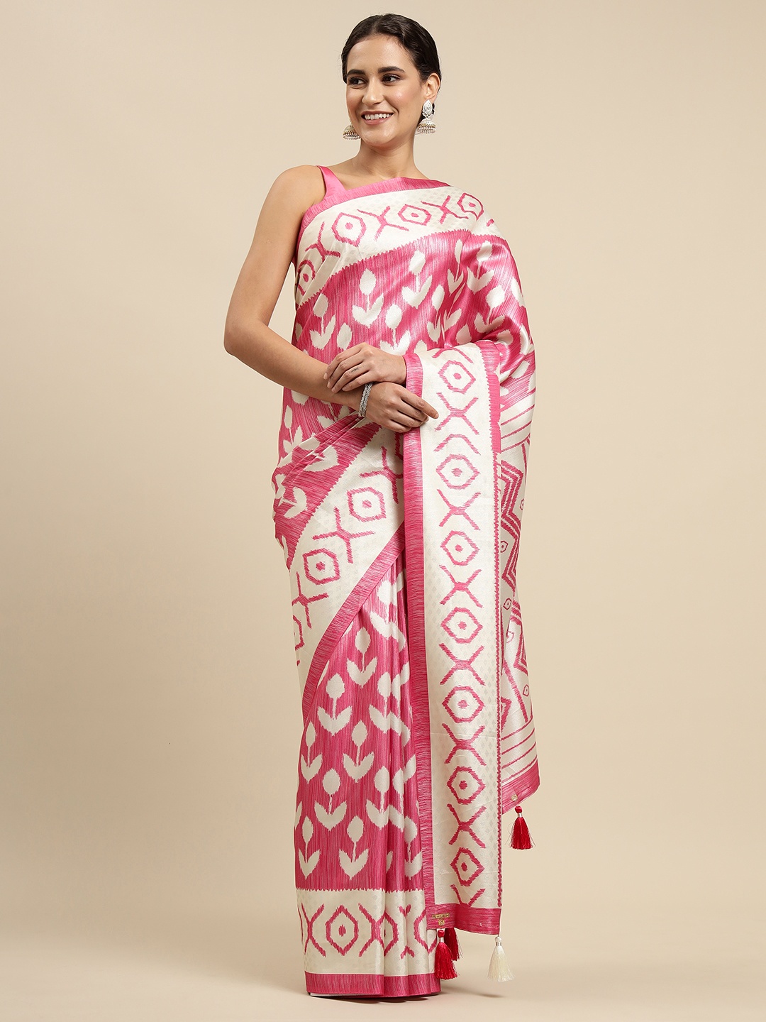 

CliqSilk Pink & Off White Printed Ikat Saree