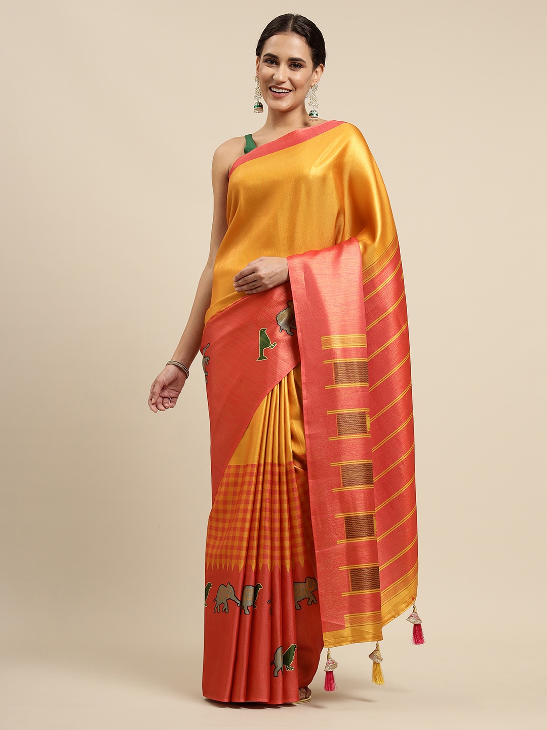 

CliqSilk Mustard Yellow & Coral Red Solid Patola Saree
