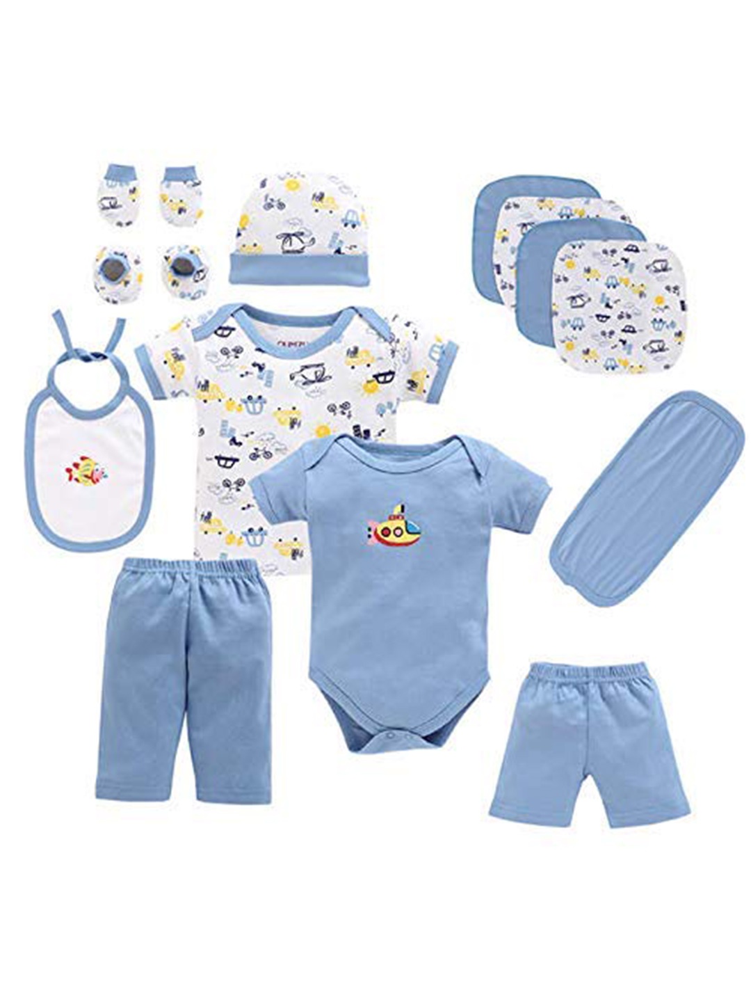 

EIO Infant Pack Of 13 Blue & White Printed Pure Cotton Baby Apparel Gift Set