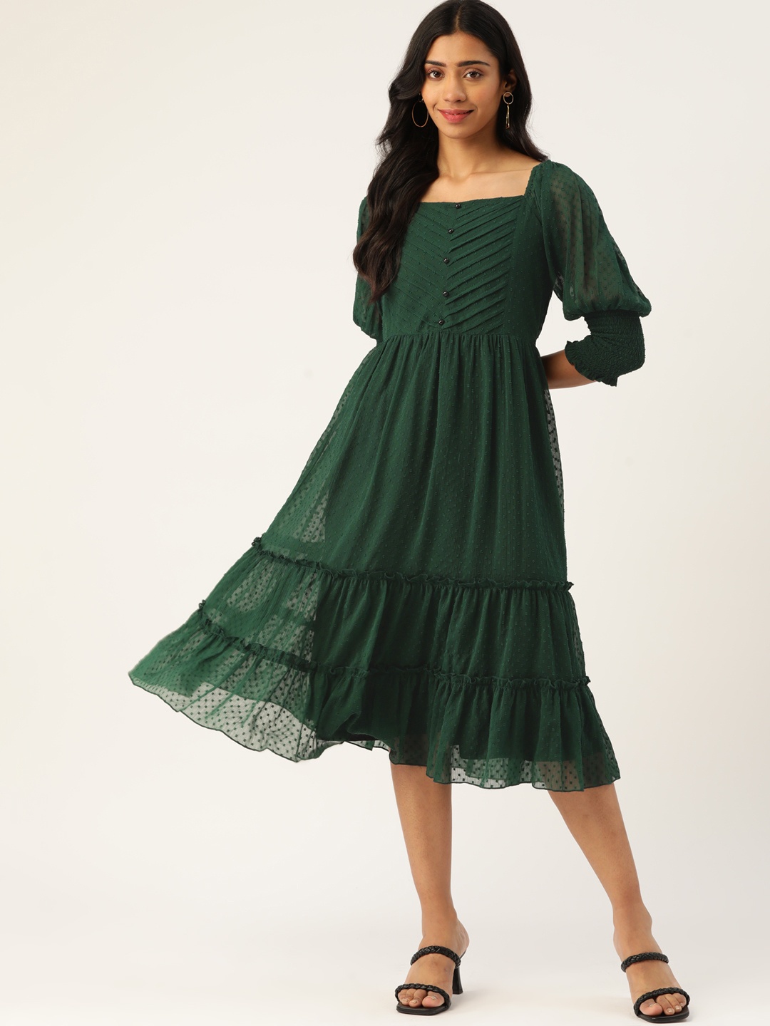 

Antheaa Women Green Dobby Weave Tiered A-Line Midi Dress