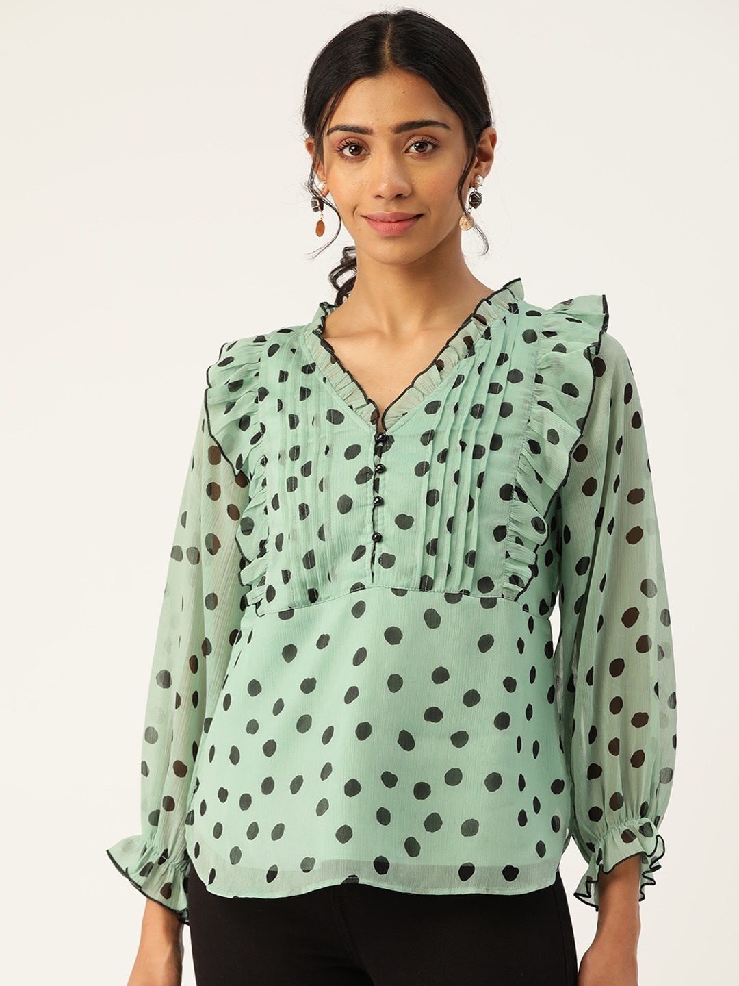 

Antheaa Women Sea Green & Black Polka Dot Printed Top