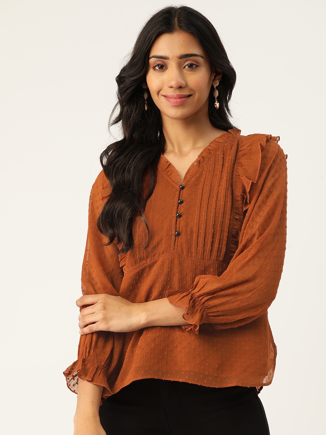 

Antheaa Women Brown Solid Ruffles Top