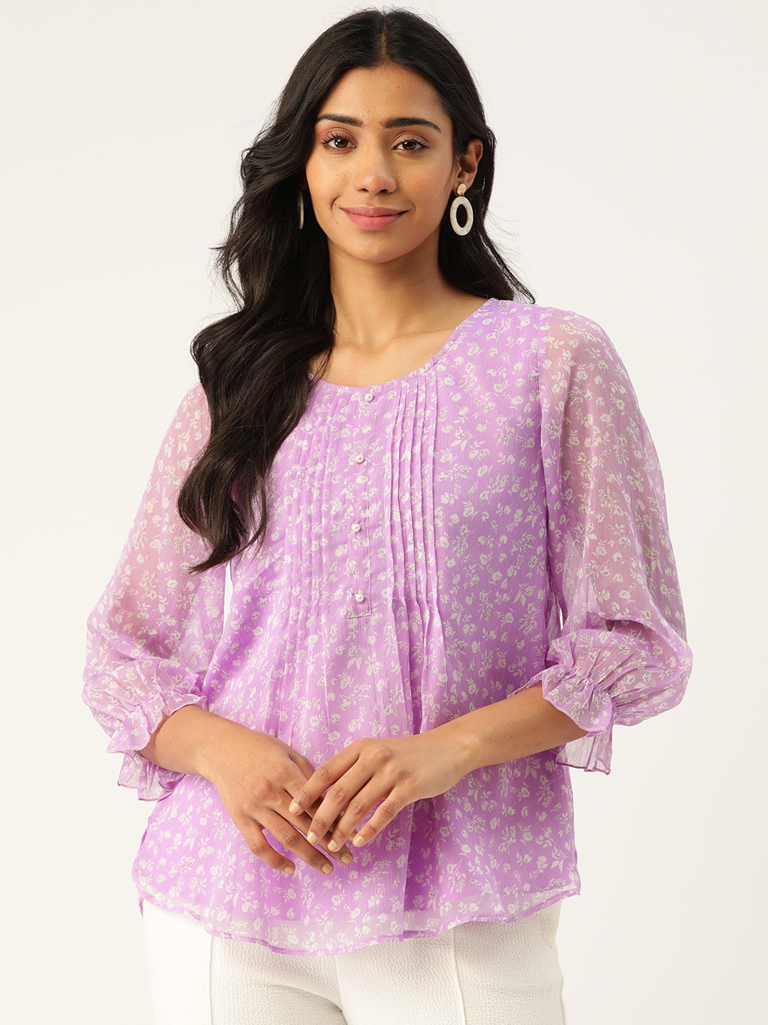 

Antheaa Women Lavender & White Floral Print Top