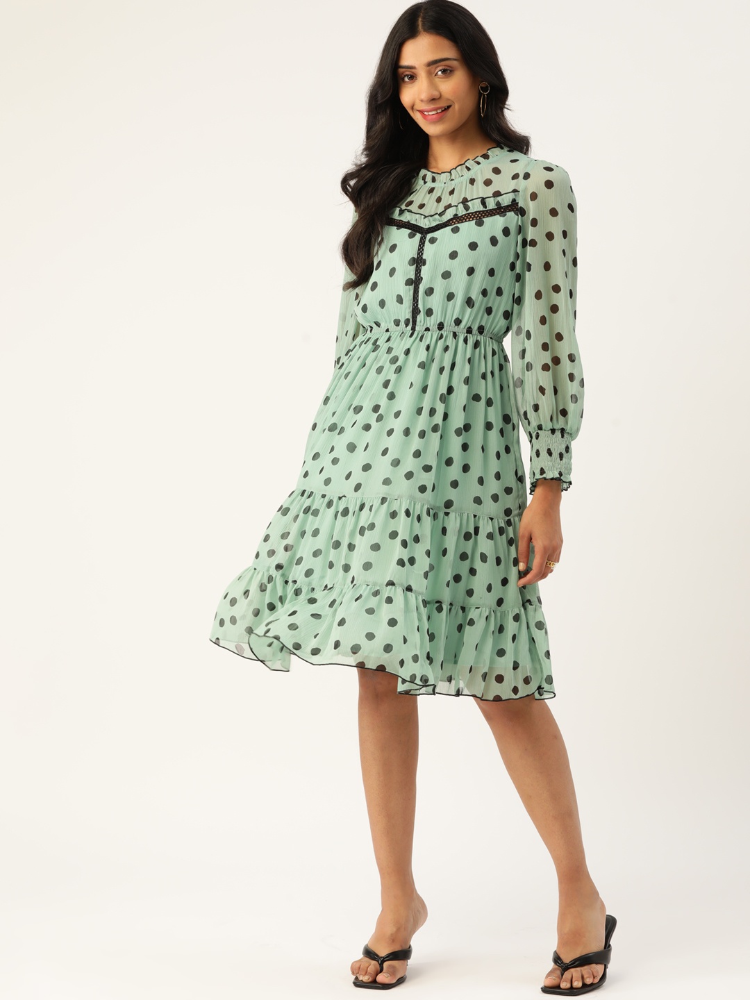 

Antheaa Women Sea Green & Black Polka Dot Printed A-Line Dress