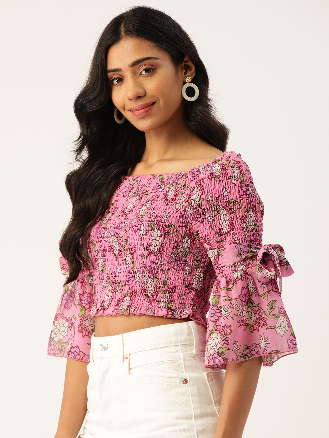 

Antheaa Women Pink & White Floral Print Smocked Georgette Crop Top