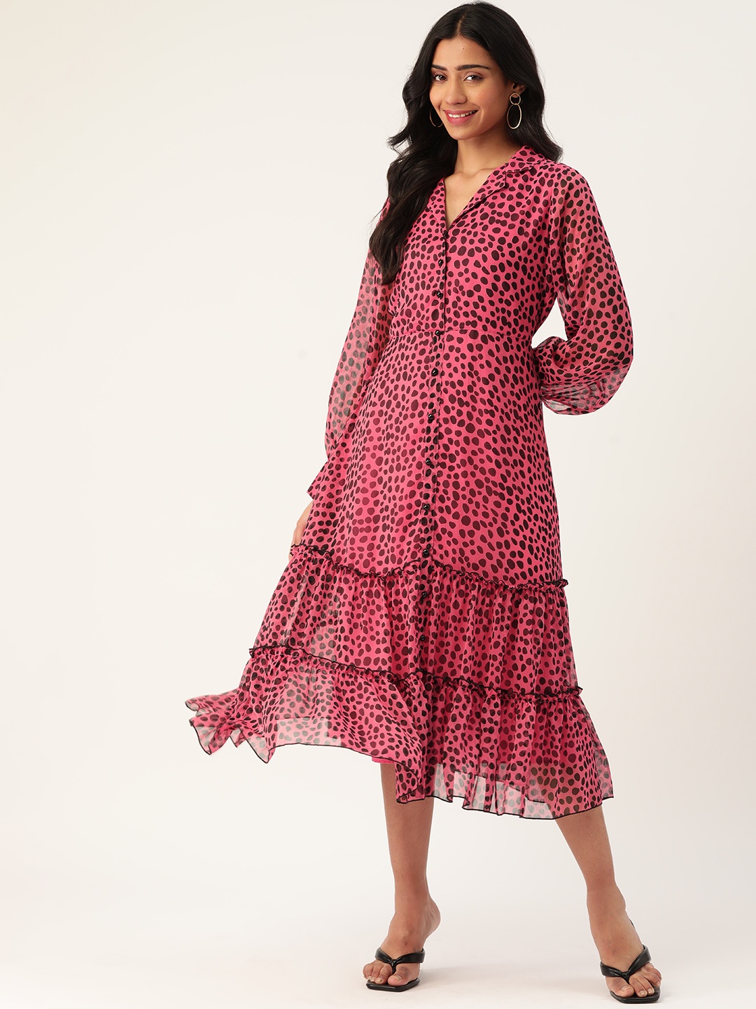 

Antheaa Women Pink & Black Animal Printed Tiered A-Line Midi Dress
